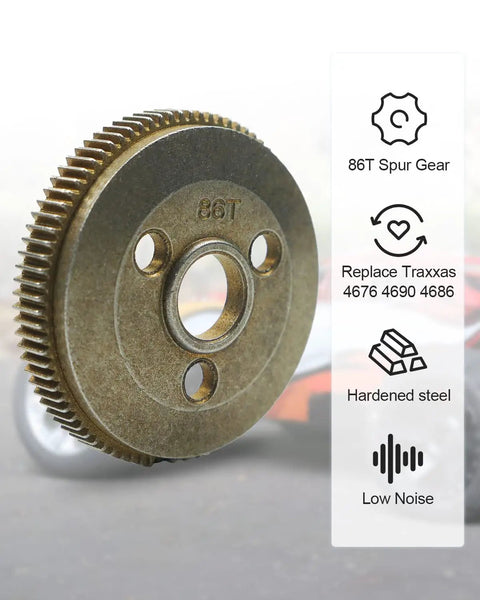 Front view of Beefed Up Heavy Duty Steel Spur Gear Set 48P 86T for 1/10 RC cars, highlighted features include hardened steel and low noise.