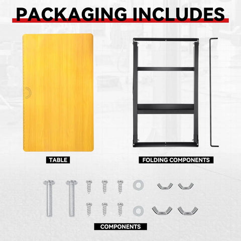 Packaging contents of Foldable 39.4 Inch Workbench With Built In Measuring Tape And Angle Finder, components, frame, and table top