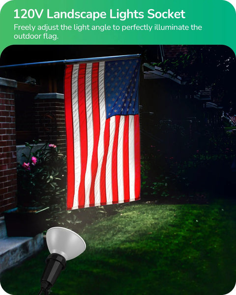 Heavy Duty Weatherproof Outdoor Halloween Flood Lights 120V With Six Foot Extension Cord Two Pack illuminating an outdoor flag