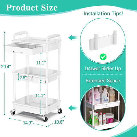 Three tier rolling cart with removable drawer and lockable wheels for bathroom kitchen office craft makeup and baby essentials
