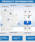 50A 2P Solar PV Breaker With Thermal Magnetic Trip, Miniature Disconnect Switch, DIN Rail Mount, 500V Rating shown with components labeled