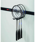Fast Track Wall Mounted Garage Storage Hook System For Tools Rope And More Heavy Duty Utility Hangers Holds Up To 50 Pounds Each 6 Pack displayed with badminton rackets