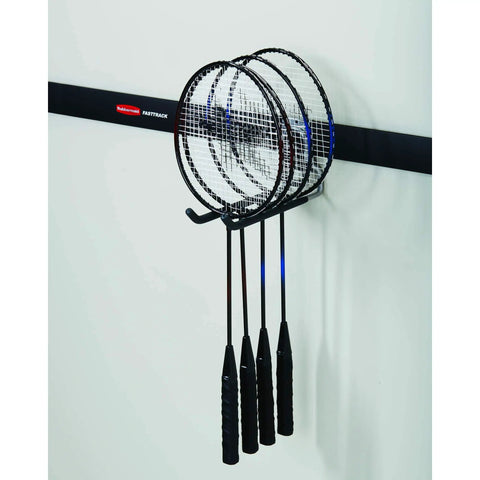 Fast Track Wall Mounted Garage Storage Hook System For Tools Rope And More Heavy Duty Utility Hangers Holds Up To 50 Pounds Each 6 Pack displayed with badminton rackets