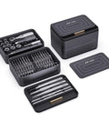 Open view of One Hundred Piece Precision Screwdriver Set With Ratchet And Magnetic Tweezers For Electronics PCs Laptops And Tablets.