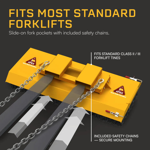 60 Inch Forklift Broom Attachment Heavy Duty Industrial Sweeper with 6 Row Polypropylene Bristles, showing secure fork mount and safety chains.