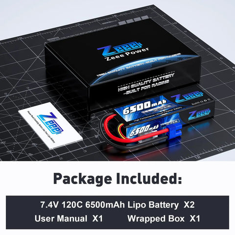 2S 6500mAh 120C LiPo Battery Pack 7.4V Hard Case With EC3 Connector Dual Pack for RC cars with box and accessories