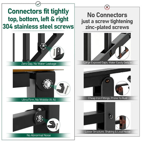 Comparison image showing secure 304 stainless steel connectors for Heavy Duty 3 Step Outdoor Hand Rails For Stairs And Deck.