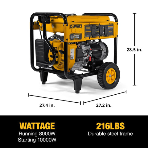 10,000 Watt Portable Gas Generator With Electric Start And Battery, 420cc Engine, side view showing dimensions and steel frame