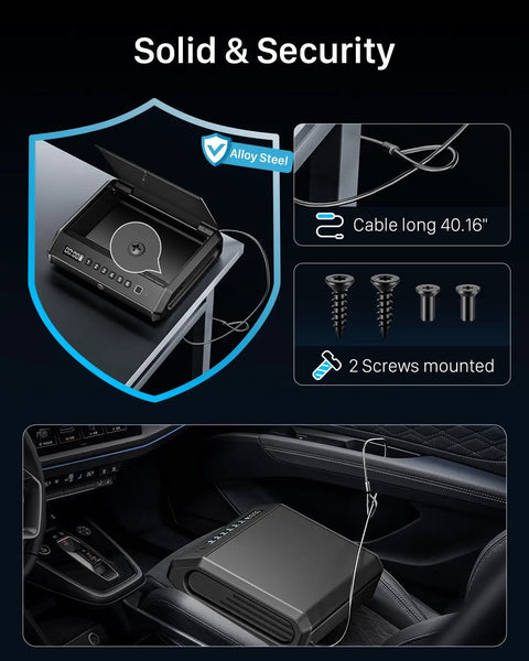 Rock Solid Biometric Pistol Vault Secure Fingerprint Handgun Locker With Built In Light And Silent Mode For Home Bedroom Or Pickup Truck Storage Aa Battery Powered shown secured in a car center console.