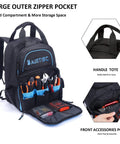 Super Tough Rugged Heavy Duty Tool Bag Backpack For Men With Massive Storage 49 Pockets Sleeves And Loops displayed open with tools.