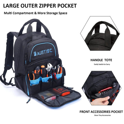 Super Tough Rugged Heavy Duty Tool Bag Backpack For Men With Massive Storage 49 Pockets Sleeves And Loops displayed open with tools.