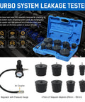 Front view of Wenzhon Turbo System Leakage Tester Kit in blue case with 8 adapters and regulator with gauge