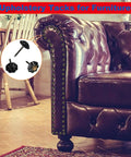 Premium 7/16 Inch Upholstery Tacks For Furniture Fix Ups, decorative tacks on a brown leather sofa arm for styling.