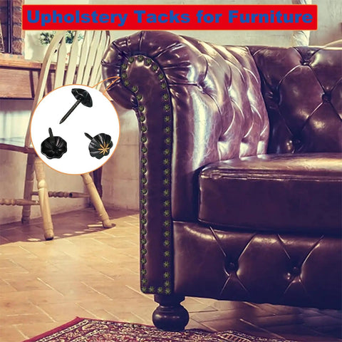 Premium 7/16 Inch Upholstery Tacks For Furniture Fix Ups, decorative tacks on a brown leather sofa arm for styling.