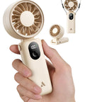 Powerful Portable Handheld Fan For On The Go With 20 Hour Max Battery Life, 3 Modes, 5 Speed Settings, USB Rechargeable in beige hand