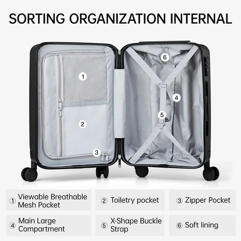 Open view of lightweight 20 inch carry on luggage with wheels airline approved hard shell case TSA lock fits 22x14x9 travel bag