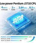 Low power Pentium J3710 CPU displayed over a circuit board, showcasing specs for a badass little firewall rig with four 2.5GbE ports.