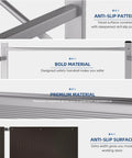 5 Foot Foldable Aluminum Scaffolding, Portable Rolling Work Platform With Adjustable Height, Scaffold Tower And Ladder Stool, Multiuse Work Bench, Lightweight Aviation Aluminum Alloy, Boss Level Stability, 330 Lbs Capacity, Easy Setup, close-up of anti-slip tread and safety handrail