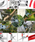 Collage featuring Workhorse Pruning Shears With Stainless SK5 Steel Blades Bypass Garden Shears on branches, close-ups of blades