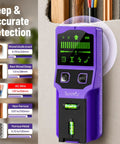 SUNMAY 7-in-1 Stud Finder Wall Scanner with Laser Level displaying detection features and accurate measurement on a wall.