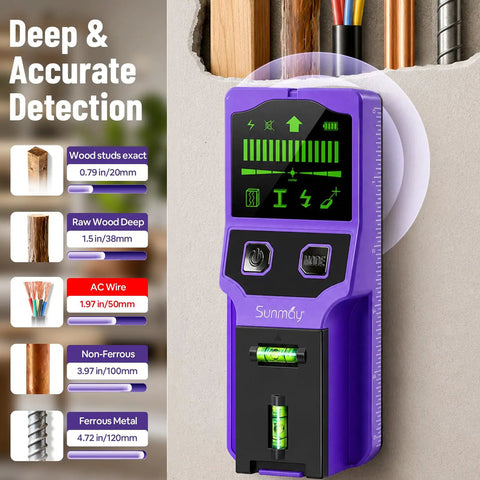 SUNMAY 7-in-1 Stud Finder Wall Scanner with Laser Level displaying detection features and accurate measurement on a wall.