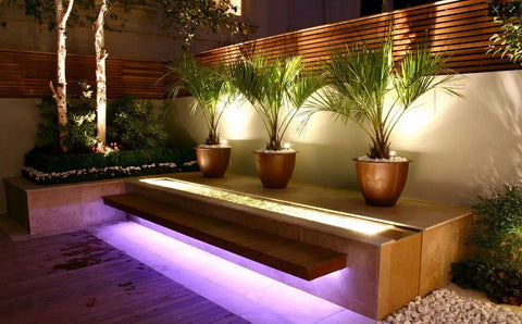 Garden seating area with under-cabinet lighting using Universal 120 Watt Dimmable 12V DC LED Driver With TRIAC Smooth Flicker Free Dimming.