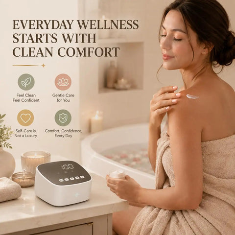 Woman applying lotion beside Electric Enema Kit With Dual Nozzles And 100 Level Pressure Control Coffee Enema And Colon Cleansing System