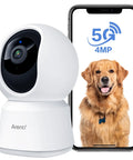 4MP Smart Pet Security Camera With Dual Band Wifi AI Motion Alerts providing clear image of a dog on phone display.