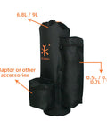 Carbon Fiber Paintball Tank Carrier Backpack For 6.8L And 9L Air Cylinders Neoprene Canvas Pouch With Polyester Lining The Go To Tank Bag For Easy Transport And Scratch Protection Black shown with labeled compartments.