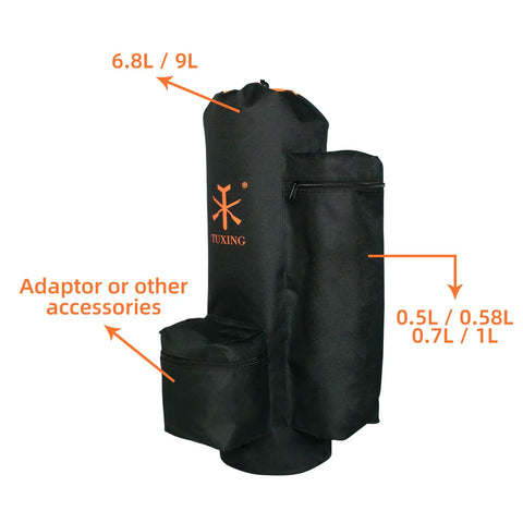 Carbon Fiber Paintball Tank Carrier Backpack For 6.8L And 9L Air Cylinders Neoprene Canvas Pouch With Polyester Lining The Go To Tank Bag For Easy Transport And Scratch Protection Black shown with labeled compartments.