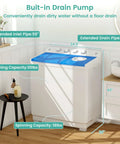 Dual Tub Portable Washing Machine With 30 Lb Wash Barrel And 18 Lb Spinner Drain Pump, showing built-in drain pump and dimensions.