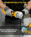 Person using Cordless Metal Nibbler for 20V battery system, showcasing comfortable grip and hand switching feature.