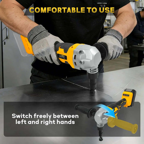 Person using Cordless Metal Nibbler for 20V battery system, showcasing comfortable grip and hand switching feature.