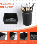 Pegboard Organizer Kit With 240-Piece Hook Set For Garage Wall Storage, showing black bin with screws and cup with tools.
