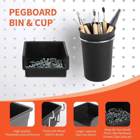 Pegboard Organizer Kit With 240-Piece Hook Set For Garage Wall Storage, showing black bin with screws and cup with tools.