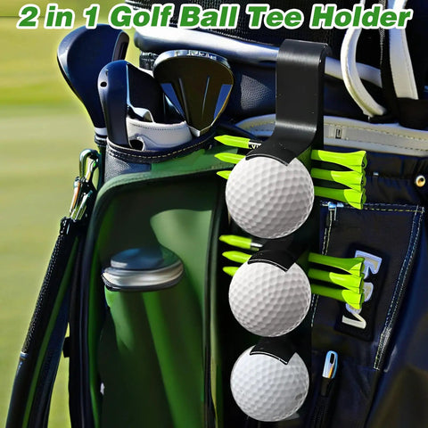 2 In 1 Golf Ball Tees Holder With Quick Release Hook Portable Club Bag Accessory attatched to a golf bag