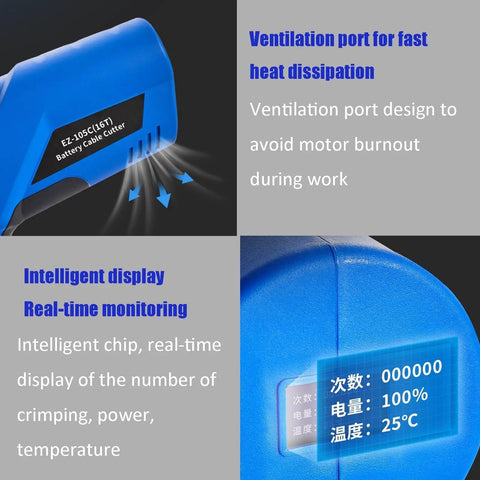 Close-up of ventilation port and LED display on 18V Battery Powered Hydraulic Wire Cutter With LED Display for monitoring performance.