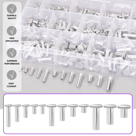 390 Pcs Aluminum Flat Head Semi Tubular Rivet Kit in 12 Sizes M3 M4 M5 M6 Silver Tone shown in storage box