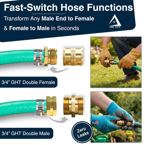 Heavy Duty Garden Hose Connector Set Beefed Up For Real Leak Proof Male To Male And Female To Female Adapters shown with garden gloves