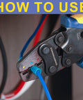Heavy Duty Ratcheting Crimping Tool For Heat Shrink Connectors, 7 Inch Wire Crimper in use on blue wire, focus on tool jaws