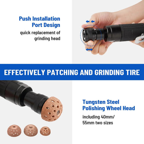Air Tire Repair And Polishing Kit With Low Speed 2500 RPM Buffer shown with tungsten steel buff wheel and patch roller.