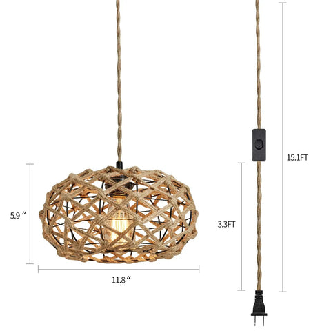 Plug In Boho Pendant Light With Hemp Rope Cord 15.1 Feet Long, Woven Rattan Cage Hanging Lamp, On Off Switch, Retro Coastal Wicker Style