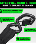 Heavy Duty Ratchet Straps Set 1 Inch X 15 Feet 4 Pack With Safety S Hooks 1,823 Lb Break Strength, close-up on S-hooks.