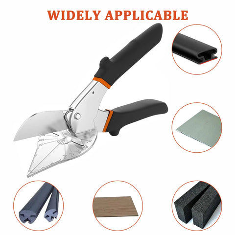 Adjustable Miter Shears For Wood Trim And Molding, 45 To 135 Degree Cutting, DIY Friendly Multi-Angle Cutter For PVC, Plastic, Soft Wood, MDF, Foam, And Round Molds, Includes Three Replacement Blades And A Sharp SK5 High-Carbon Steel Blade. Adjustable miter shears with 45-135° angle scale, black handles, and blade for trim, molding, PVC, and foam.