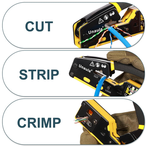 Image showing All In One RJ45 Pass Through Ethernet Crimp Tool Kit For Cat5 Cat5e Cat6 Cables RJ11 RJ12 Compatible With Wire Stripping Cutting And Crimping Heavy Duty Aluminum Crimper Ideal For Home Office DIY Network Installations.
