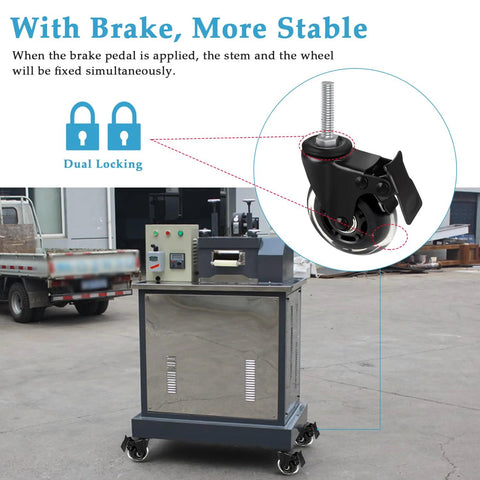 Three Inch Stem Caster Wheels With Safety Dual Locking And Heavy Duty Threaded Stem Three Eighths By Sixteen Inches By One Point Five Inches, No Noise Swivel Rubber Castors With Sleeve For Industrial Furniture Projects And Moving Set Of Four shown in use with machinery.