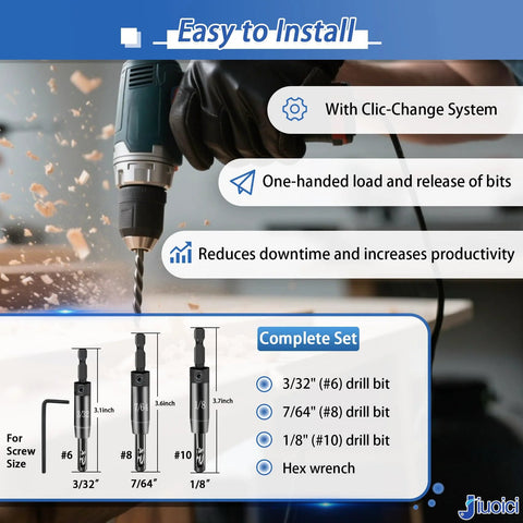 Self-centering hinge drill-bit set with hex shank; sizes 3/32, 7/64, 1/8 in; includes hex wrench