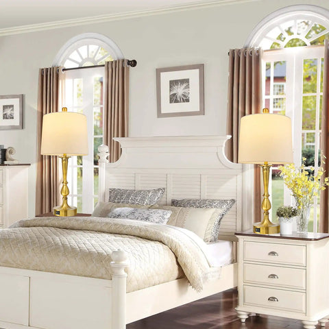 Bedroom scene with Set Of 2 Touch Control Table Lamps With USB Charging Ports, 3 Way Dimmable, Modern Nickel And Gold Finish, White Fabric Drum Shades on nightstands