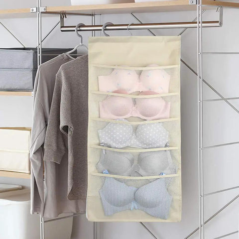 Enlarged Closet Hanging Bra Organizer With Rotating Metal Hanger Dual Sided Wall Shelf Wardrobe Mesh Pockets Storage
