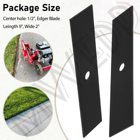 Image of Universal 9 Inch By 2 Inch Edger Blade Heat Treated With Half Inch Center Hole 2 Pack Fits McLane Power Trim King O Lawn Tru-Cut Edgers And Other Popular Models showing two black blades with half-inch center holes.